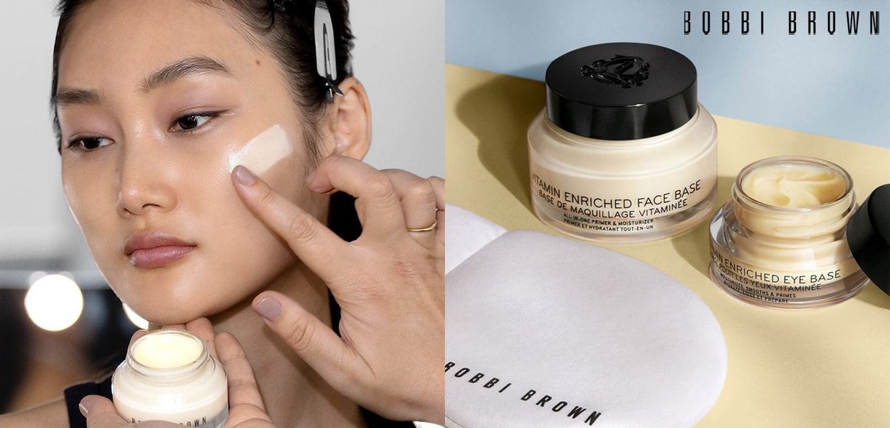 Produits de soins de la peau Bobbi Brown : deux pots de crème avec des couvercles noirs. Un grand pot étiqueté "Face Base", un plus petit "Eye Base". Texture crémeuse, couleur pâle.