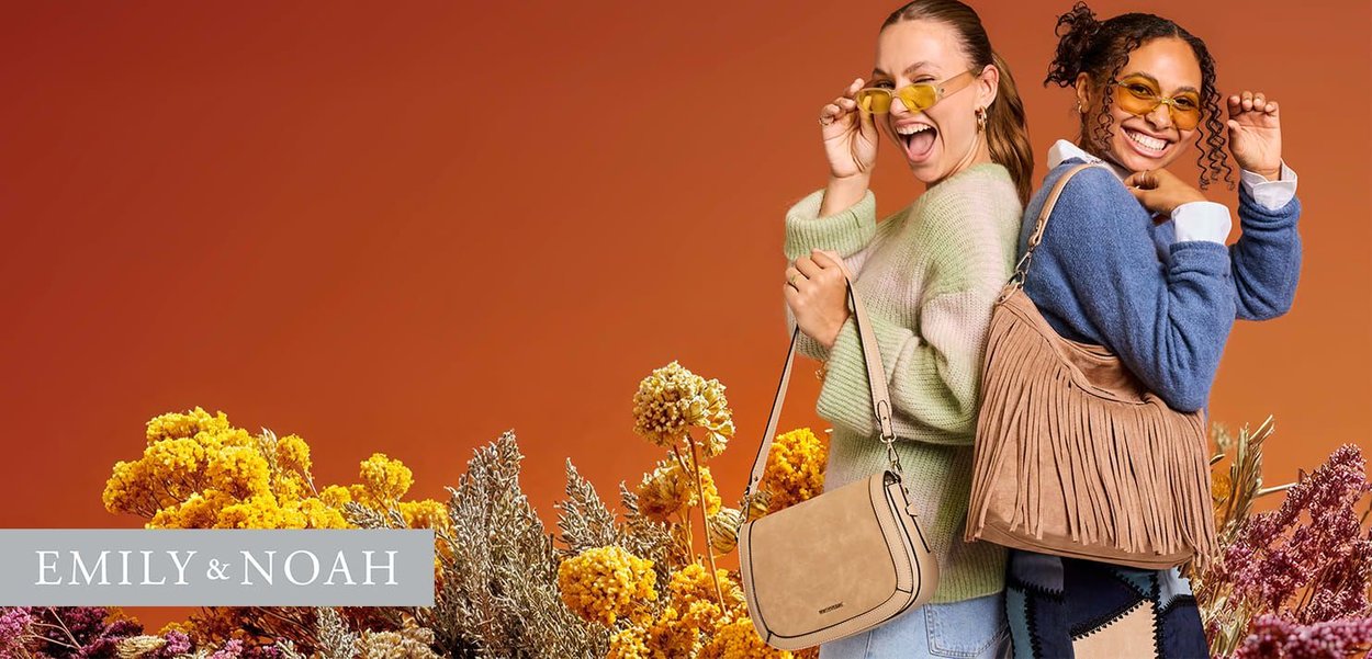 Two women display handbags against an orange background. A tan suede crossbody bag and a tan fringed shoulder bag are shown.