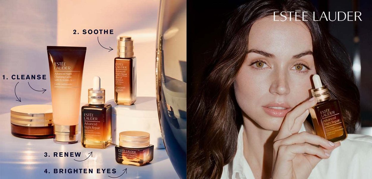 Estée Lauder Hautpflegeprodukte ausgestellt, mit Glasflaschen und -töpfen in Gold und Braun, sowie klaren Etiketten, die die Pflegeschritte anzeigen.