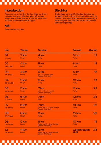 Orange dokument, der viser et 10-ugers løbeprogram. Indeholder ugentlige afstandsmål i kilometer, med strukturerede dage og bemærkninger. Skakbrætmønster omkring kanten.