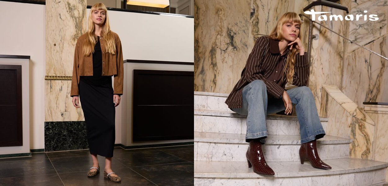 Braune Wildleder-Cropped-Jacke, schwarzes Kleid und gemusterte Schuhe links; gestreifter brauner Blazer, blaue Jeans und glänzende rote Ankle Boots rechts.
