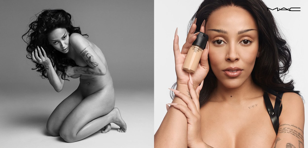 Foundation bottle with black cap, held by a person with light hair and neutral makeup. Smooth texture; soft, muted color and appearance.