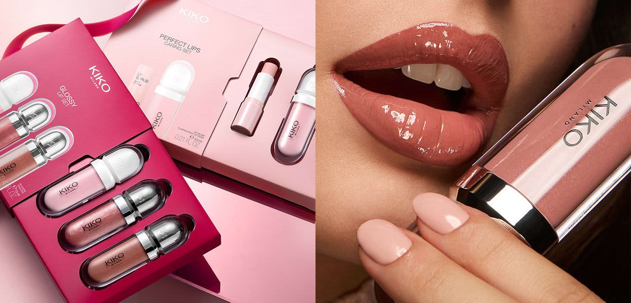 Rossetti lucidi rosa e nude di KIKO Milano, con un primo piano di labbra che indossano un gloss lucido rosa-nude e unghie smaltate abbinate.