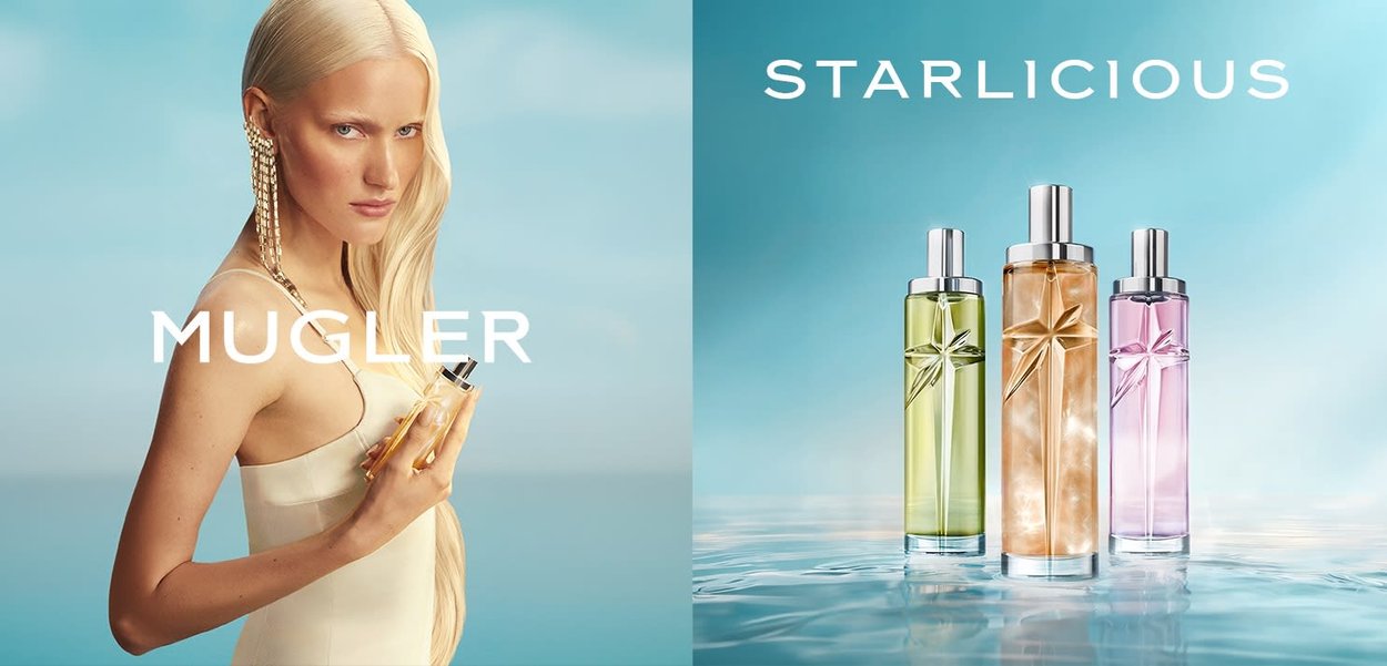 Blonde Frau in weißem Kleid hält eine Parfümflasche neben drei bunten Starlicious-Flaschen auf einer reflektierenden Wasseroberfläche.