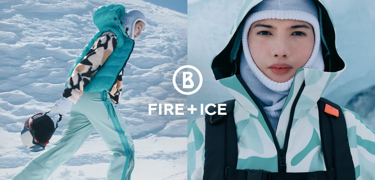 Jasně tyrkysová péřová vesta přes vzorovaný svetr, doplněná světle mátovými kalhotami. Bunda s maskáčovým vzorem má vysoký límec a zip.