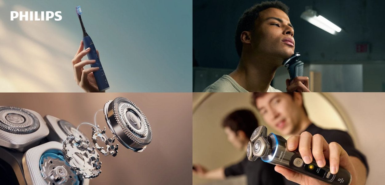 Spazzolino elettrico sollevato, uomo che si rade con rasoio elettrico, primo piano delle lame del rasoio e uomo che tiene il rasoio elettrico vicino allo specchio.