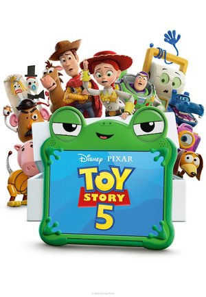 Woody, Jessie, Buzz, and Toy Story characters stand behind a green toy-shaped frame displaying the "Toy Story 5" logo.