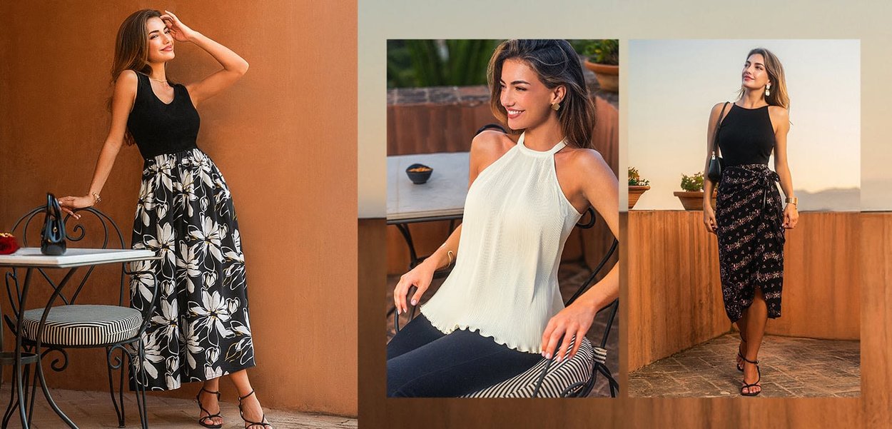 Trois tenues exposées : un haut sans manches noir associé à une jupe à motif floral, un haut à encolure halter blanc, et une jupe portefeuille noire avec des accents floraux.