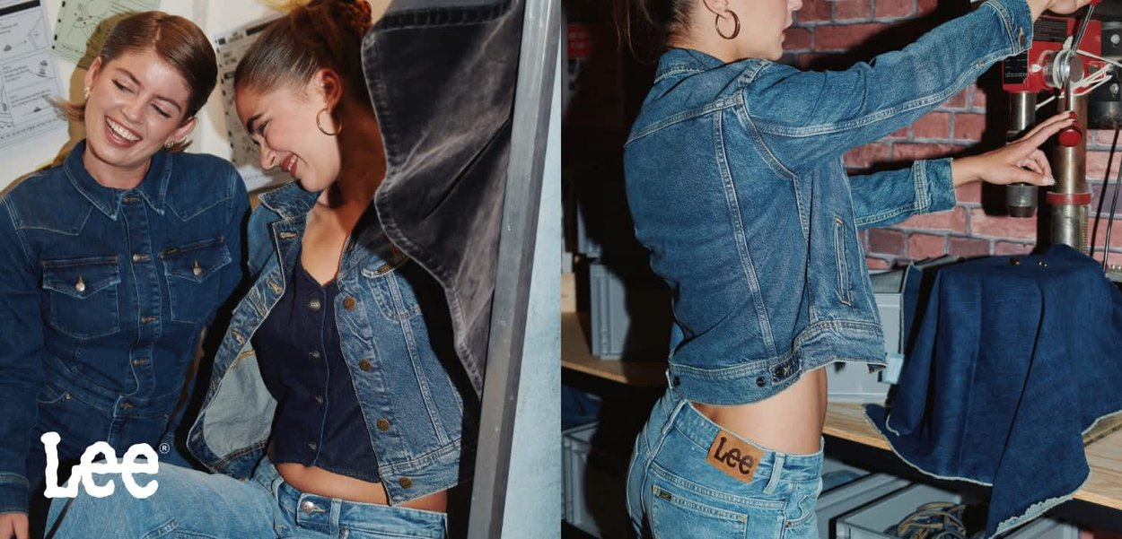 Denim jacket and jeans in medium blue. Jacket features buttoned front and chest pockets. Jeans have a low-rise fit and distinct brand label.