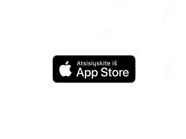 Juodas stačiakampis mygtukas su balta tekstu "Atsisiųskite iš App Store" ir maža balta Apple logotipu kairėje.