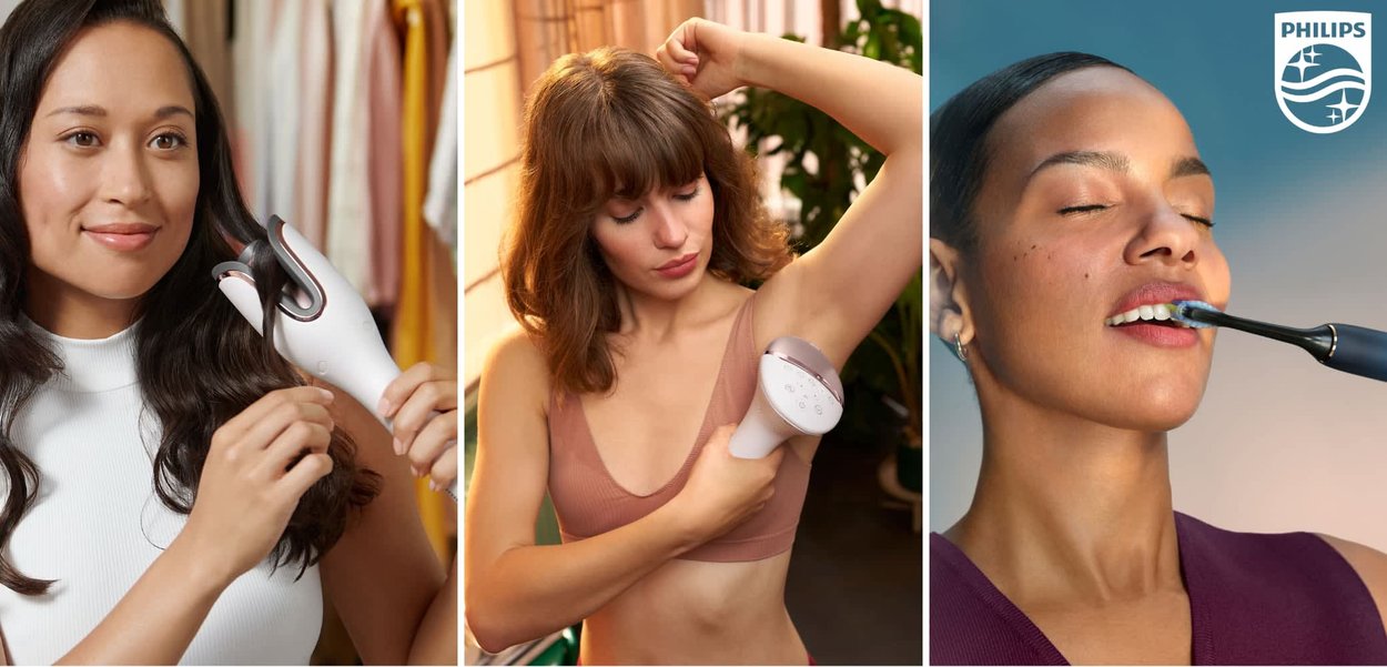 Drie apparaten: een witte krultang met een gebogen handvat, een ontharingsapparaat met een afgerond kopstuk, en een elektrische tandenborstel met een blauw-zwart handvat.