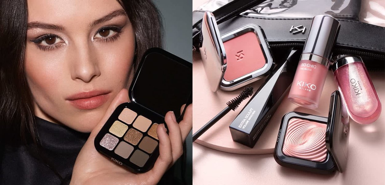 Øyenskyggepalett med seks nyanser, metalliske og matte teksturer. Rouge, lipgloss og mascara i elegant svart og sølv innpakning.