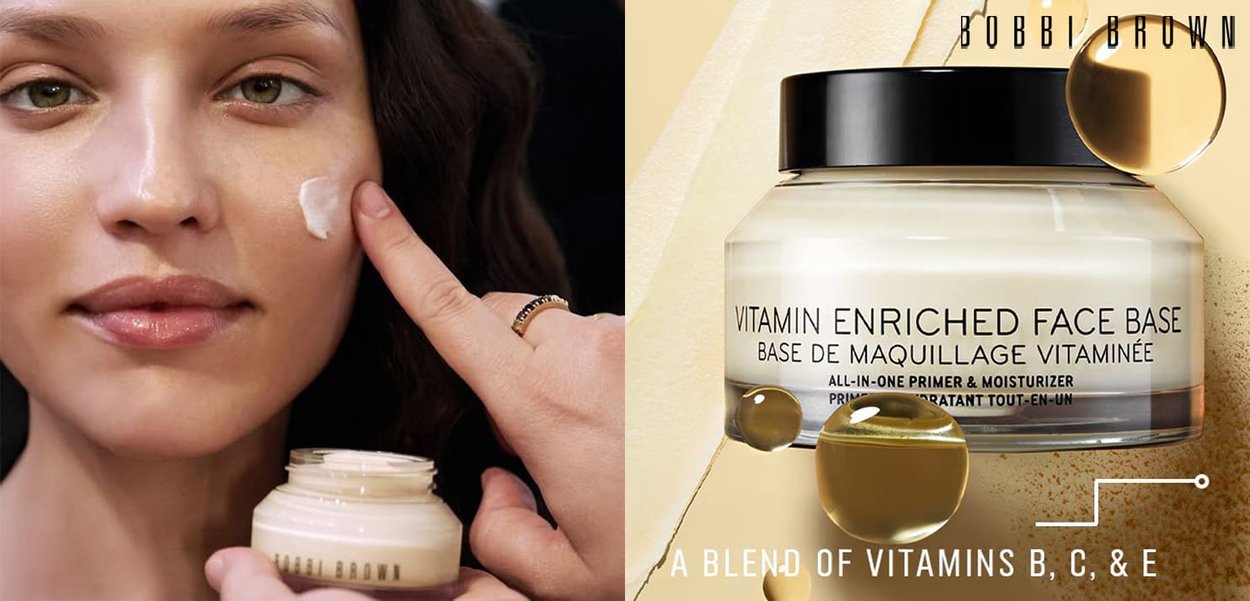 La crème hydratante enrichie en vitamines de Bobbi Brown dans un pot transparent, avec une texture de crème blanche, étiquetée avec un texte noir, présentant des visuels de mélanges de vitamines et des accents dorés.