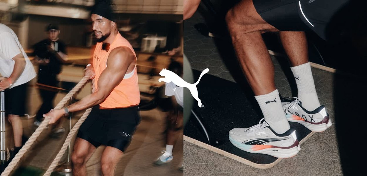 Mann in orange Tanktop zieht während des Trainings ein Battle Rope, neben einer Nahaufnahme von Beinen in weißen Puma Sneakers auf einem Balance Board.