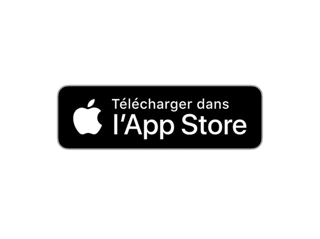 Badge rectangulaire noir avec du texte blanc disant "Télécharger dans l’App Store" et un logo Apple sur le côté gauche.