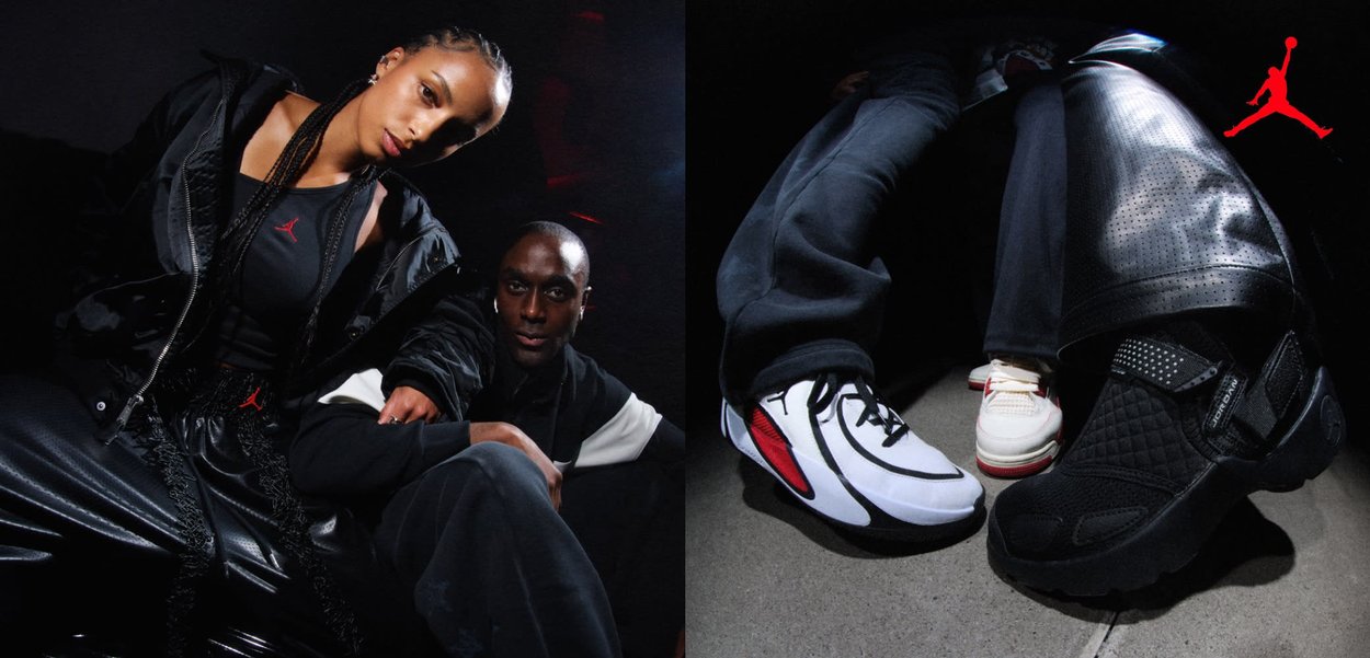 Deux mannequins portant des vêtements de sport noirs avec des logos Jumpman rouges posent devant un fond sombre, mettant en valeur la mode athlétique urbaine.