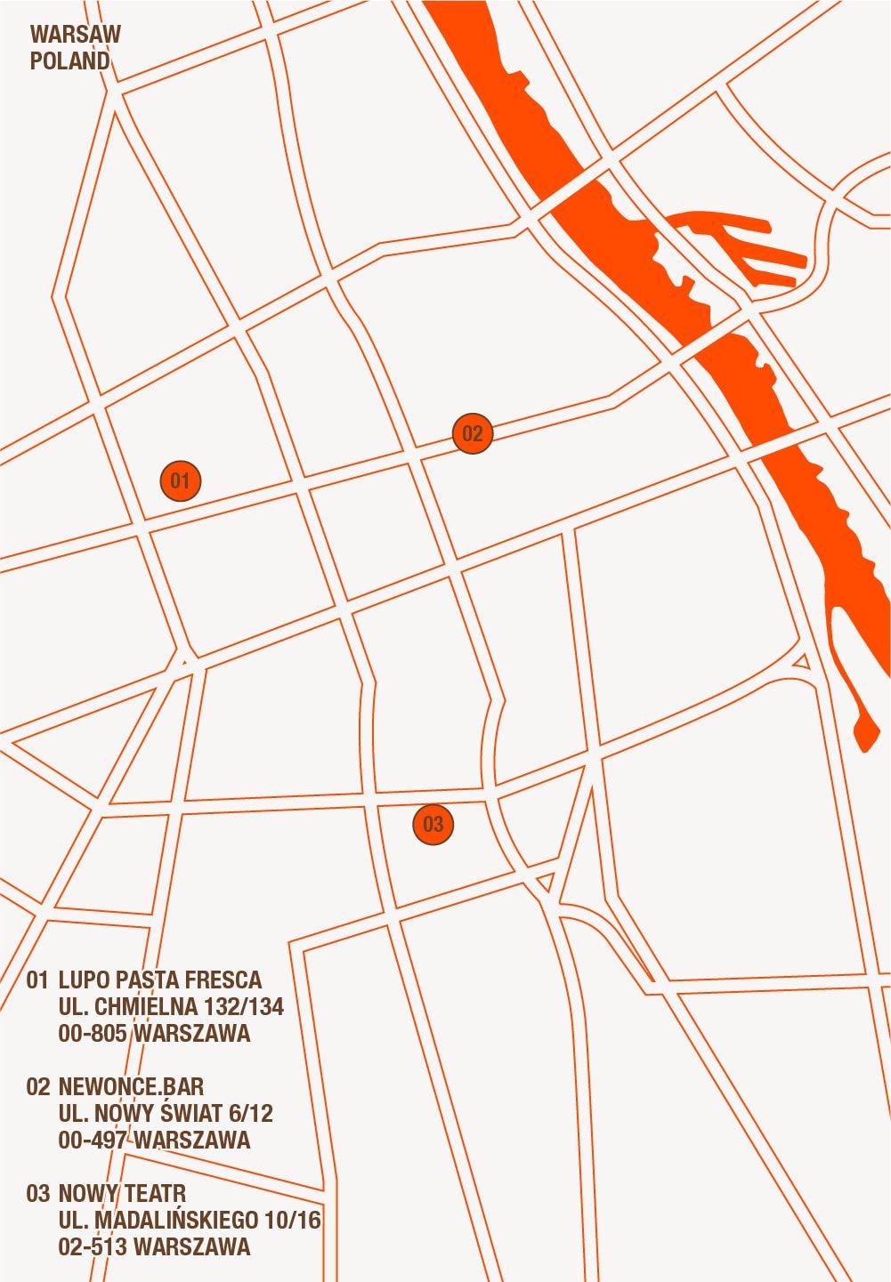 Kaart van Warschau, Polen met dunne zwarte lijnen voor straten, oranje accenten voor een rivier en belangrijke locaties gemarkeerd met rode cirkels en nummers.