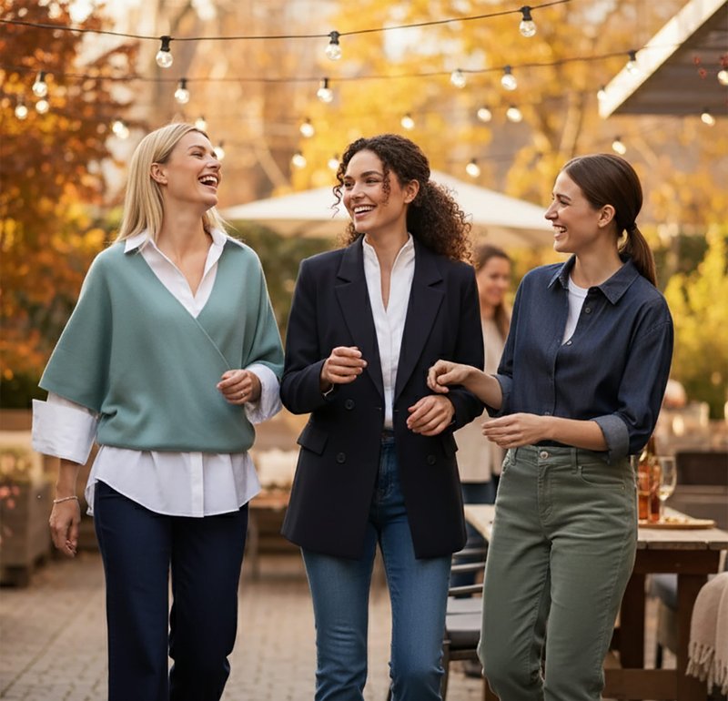 Drei Frauen gehen gemeinsam im Freien spazieren. Eine trägt einen mintgrünen Pullover, die zweite ein schwarzes Blazerjackett über einer weißen Bluse, und die dritte ein dunkles Shirt mit grünen Hosen.