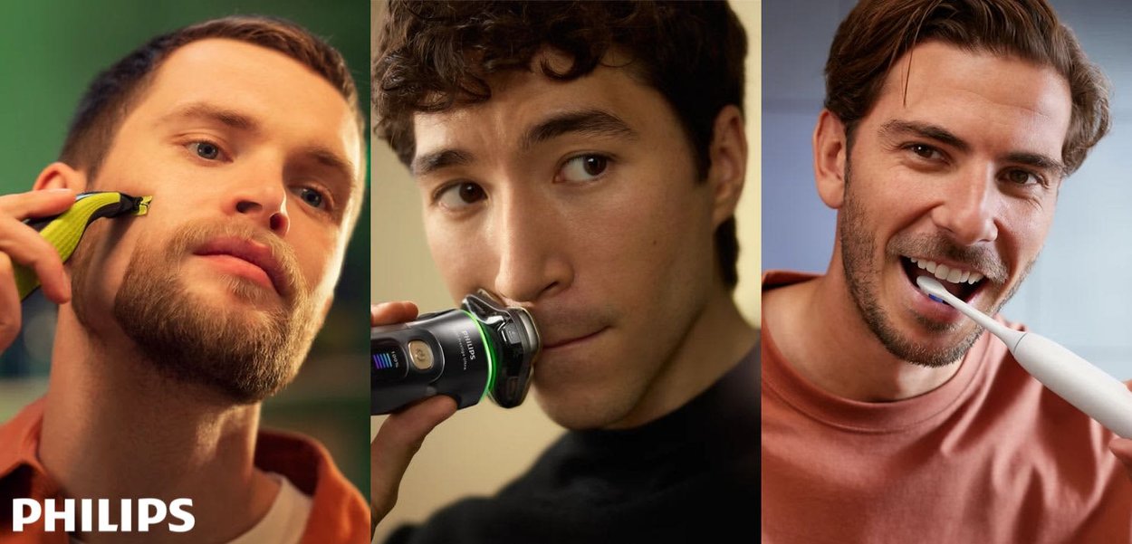 Trois appareils de toilette pour hommes : une tondeuse verte, un rasoir électrique noir avec des accents bleus, et une brosse à dents électrique blanche.