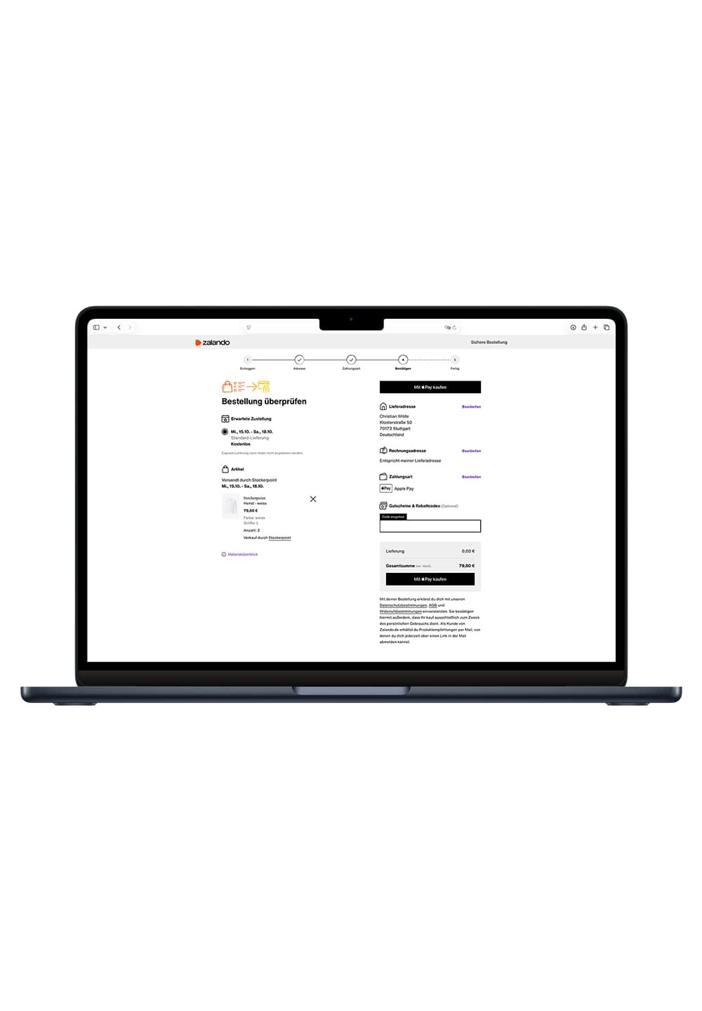 Laptop, der eine Übersichtseite einer Zalando-Bestellung anzeigt. Das Design ist klar und minimalistisch, mit einer dunkelgrauen Tastatur, einem weißen Bildschirm und verschiedenen Textabschnitten.