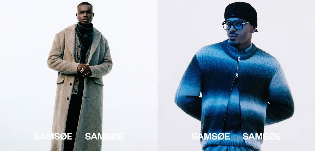 To mænd iført vintermode: til venstre i beige frakke over mørkt tøj, til højre i blå gradient lynlåstrøje, kasket og briller på lys baggrund.