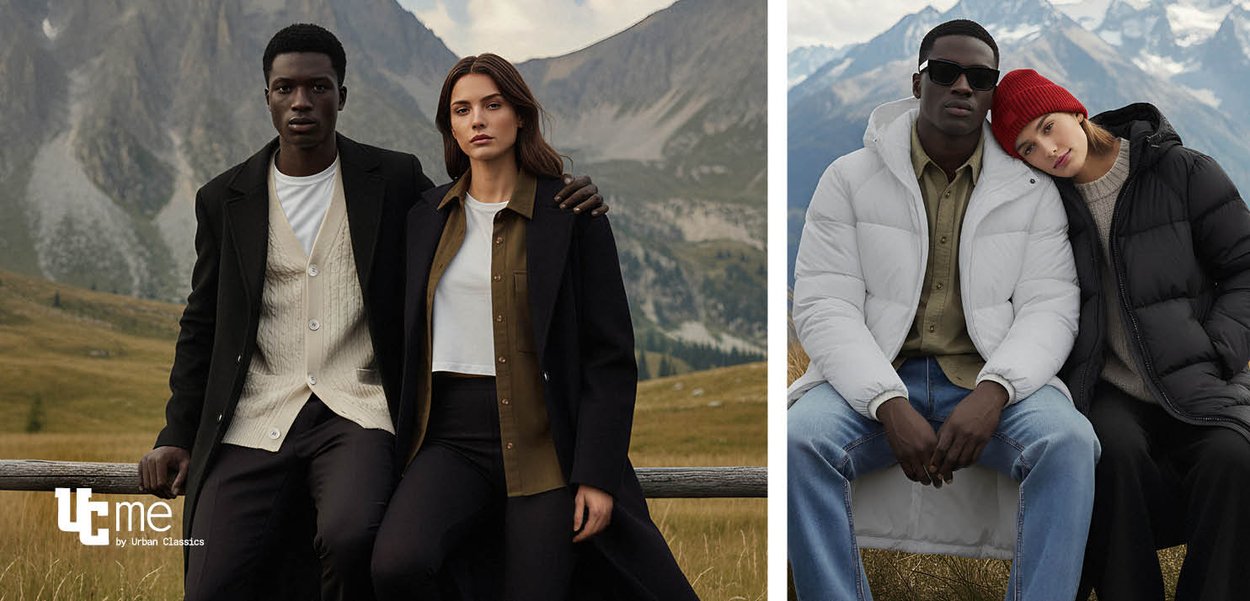 Zwei Models im Freien in einer bergigen Landschaft. Der Mann trägt eine cremefarbene Steppjacke, ein graues Hemd und eine Sonnenbrille. Die Frau trägt einen schwarzen Mantel über einem olivgrünen Hemd und einem weißen Top.