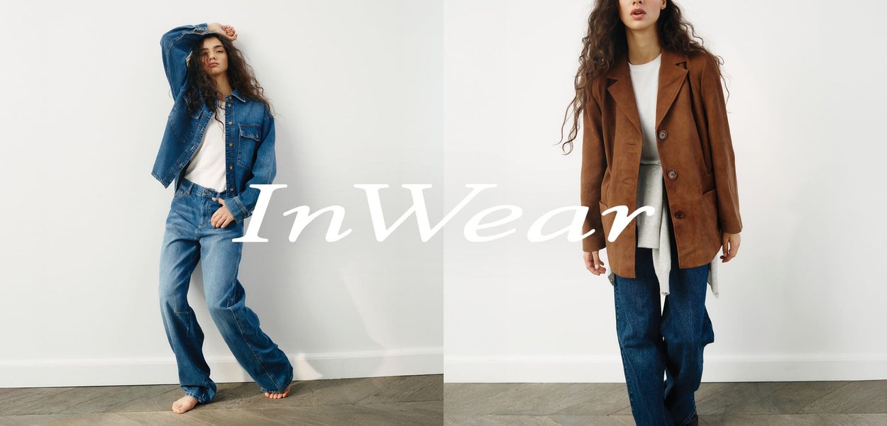 Denim jacket and jeans in blue on left; brown suede coat with buttons on right, both styled with white t-shirts. Neutral backdrop.