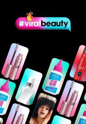Collection of beauty products on a black background. Features vibrant packaging, including pink and white tubes, and a model with curly hair.
