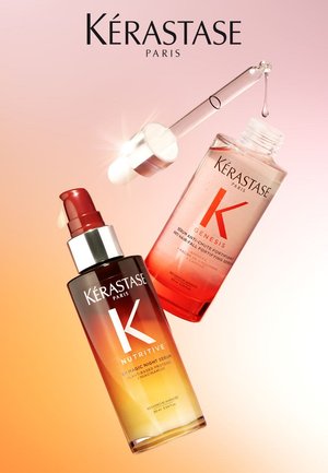 Kérastase hair serums: dark brown bottle with a red cap (Nutritive) and clear bottle with red gradient (Genesis), dropper cap, glossy labels.