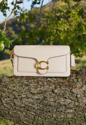 Helles rosa Leder-Crossbody-Tasche mit einem goldenen Metallverschluss und Akzenten. Sie verfügt über einen Klappenverschluss und einen abnehmbaren Schultergurt.