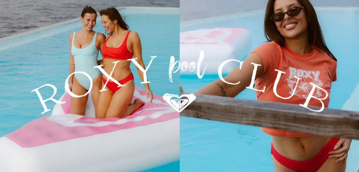 Zwei Frauen in Badeanzügen auf einem pink-weißen Schwimmreifen im Pool, und eine Frau mit Sonnenbrille und kurzem Top am Beckenrand.