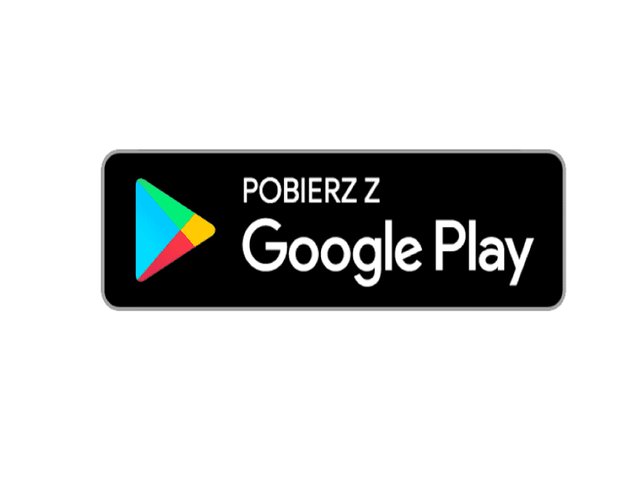 Czarny prostokątny przycisk z białym tekstem "Pobierz z Google Play" oraz wielokolorową ikoną odtwarzania po lewej stronie.
