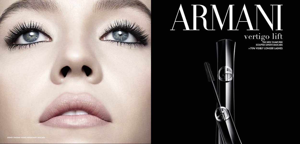 Black mascara tube with a glossy finish featuring a silver logo, displayed next to a close-up of a woman's face with voluminous lashes.