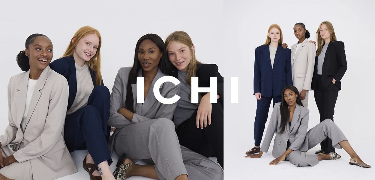 Fünf Personen in Blazern und Hosen: ein hellgrauer Anzug, ein dunkelblauer Anzug und ein schwarzer Anzug. Glatter Stoff, minimalistisches Design, neutrale Farbtöne.