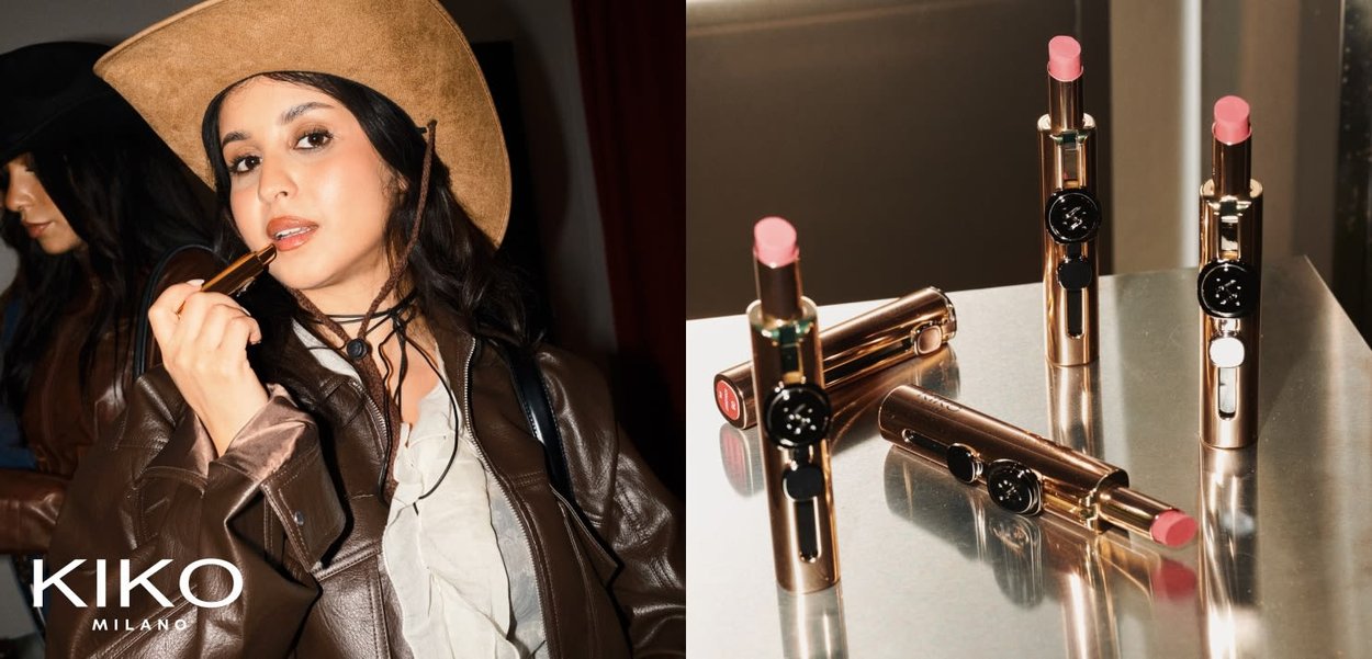 Donna con giacca di pelle e cappello da cowboy che applica rossetto nude, accanto a rossetti dorati con tonalità di rosa su una superficie riflettente.