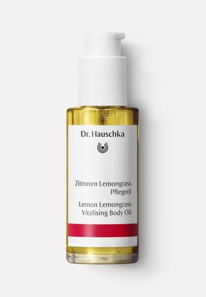 Dr. Hauschka Lemon Lemongrass Vitalising Body Oil in clear pump bottle with yellow oil and white label.