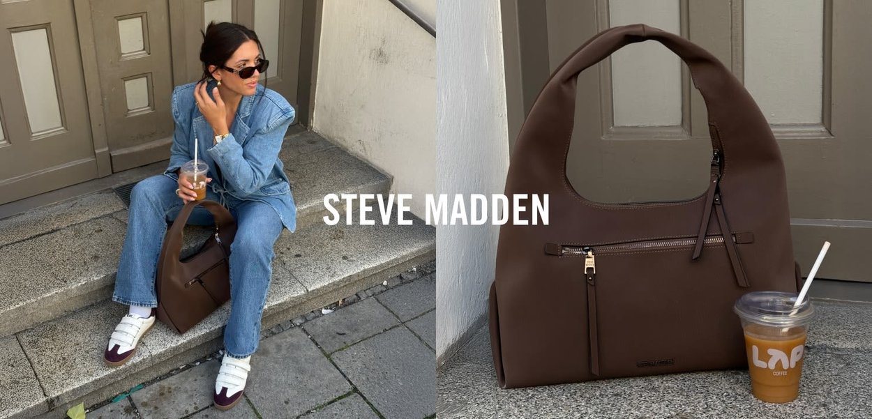 Bruine Steve Madden handtas met een slouchy ontwerp, ritssluiting en een voorzak. Gek op een gladde textuur, brede schouderband, gecombineerd met ijskoffie.