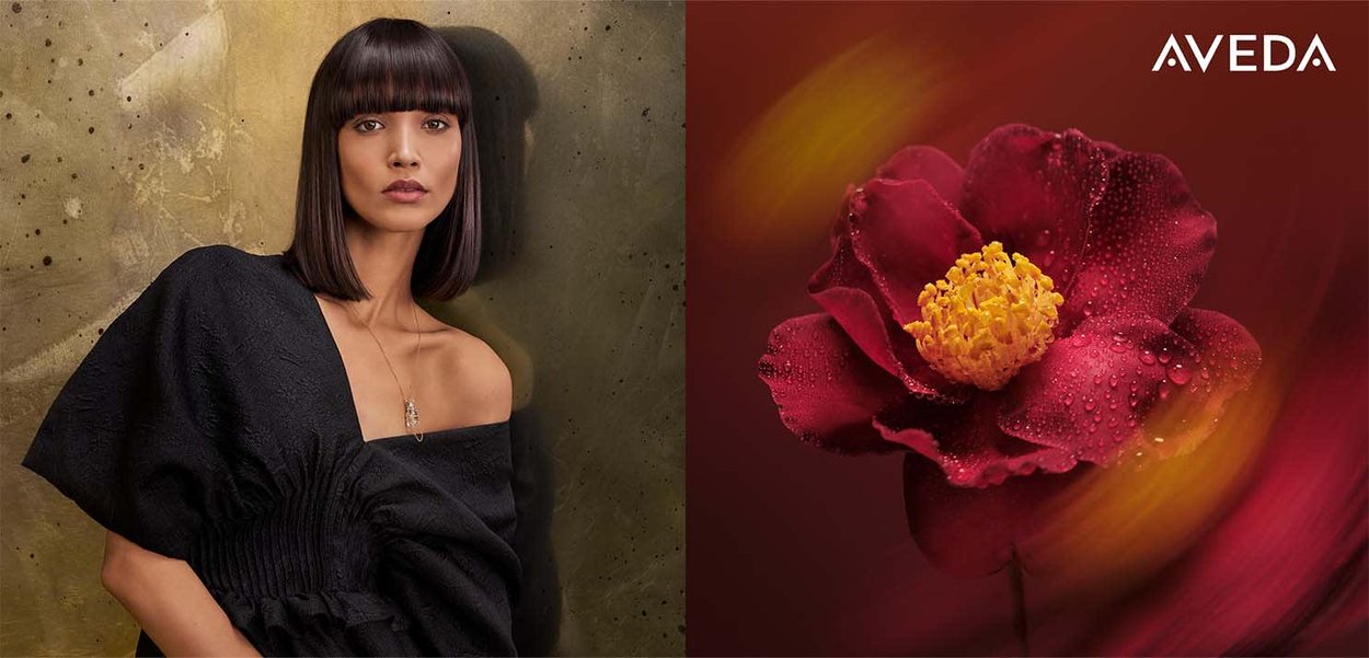 Sort tekstureret bluse med puffede ærmer på en model, parret med et nærbillede af en rød blomst med gult center og dråber, mod en blød baggrund.