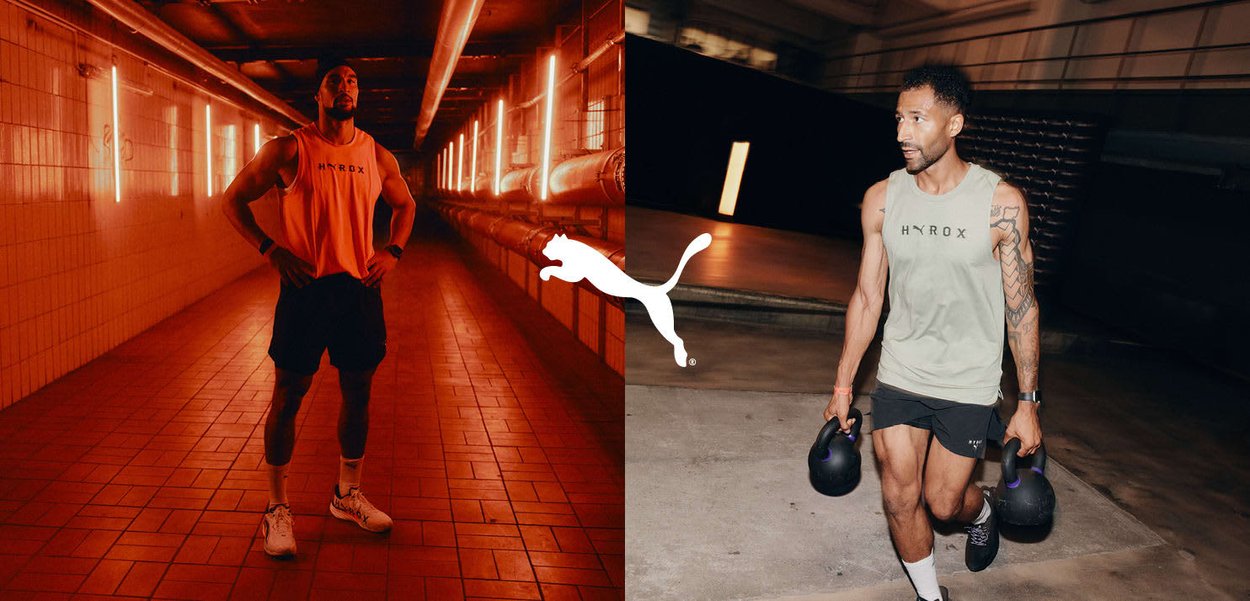 Twee atleten in sportkleding: de ene in een feloranje tanktop en shorts, de andere in een lichtgroene tanktop met kettlebells.