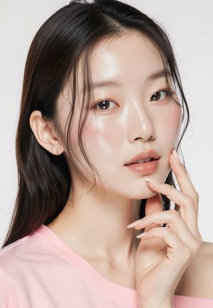 Portret van een persoon met lang, steil donker haar en een gladde huid, die een lichtroze T-shirt draagt en met een vinger op de lippen rust.