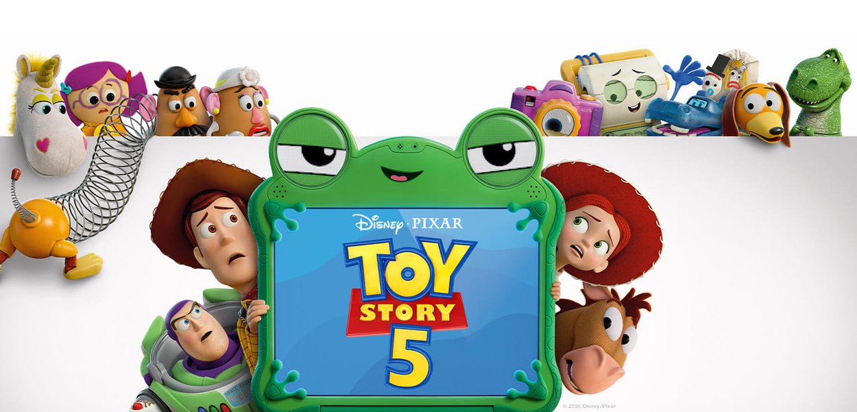 Woody, Buzz Lightyear, Jessie, and other Toy Story characters surround a green frog-shaped frame displaying the Toy Story 5 logo.