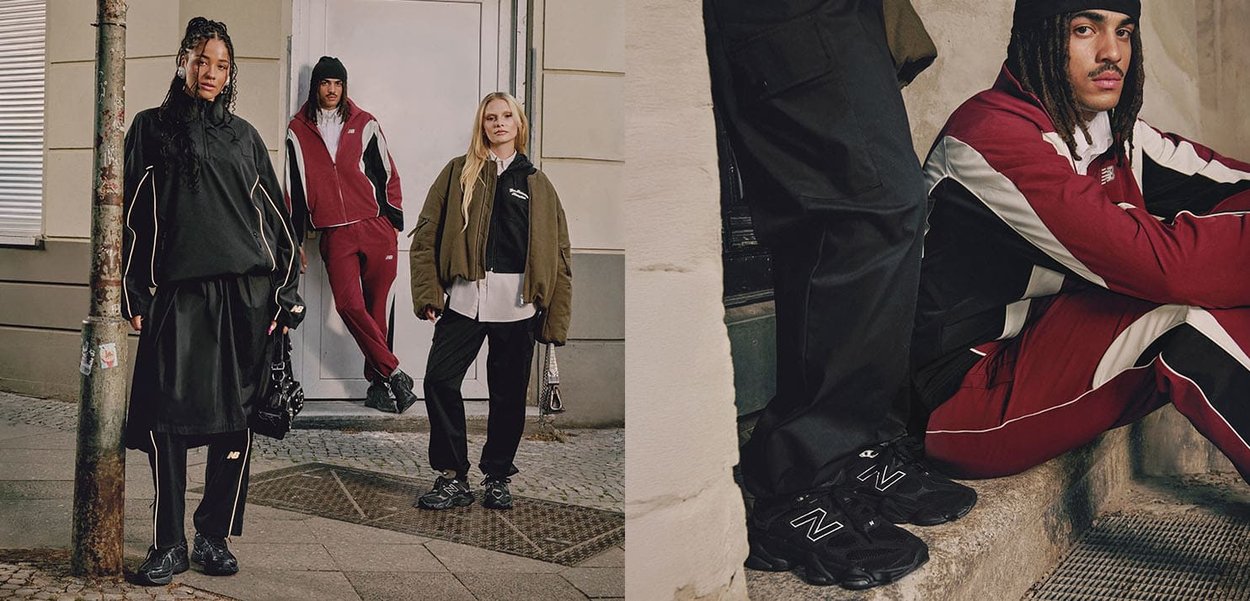 Veste noire avec accents blancs, pantalon noir ample, survêtement bordeaux avec rayures blanches, et sneakers New Balance noires. Décor urbain.