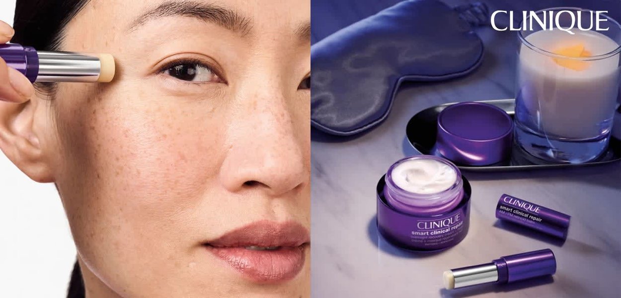 Clinique hudpleieprodukter i lilla beholdere; en øyekremapplikator i sølv og kremete tekstur, et stearinlys og en silkemaske er synlige.