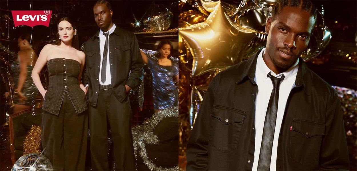 Giacca di jeans nera Levi's, camicia bianca e cravatta su uomo; donna in abito nero senza spalline e aderente; sfondo scintillante con decorazioni dorate.