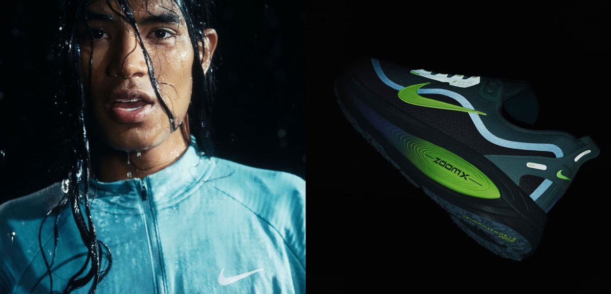 Le sneaker Nike ZoomX presentano una tomaia in rete scura con accenti blu e verdi, una punta arrotondata e una suola imbottita con un logo prominente.