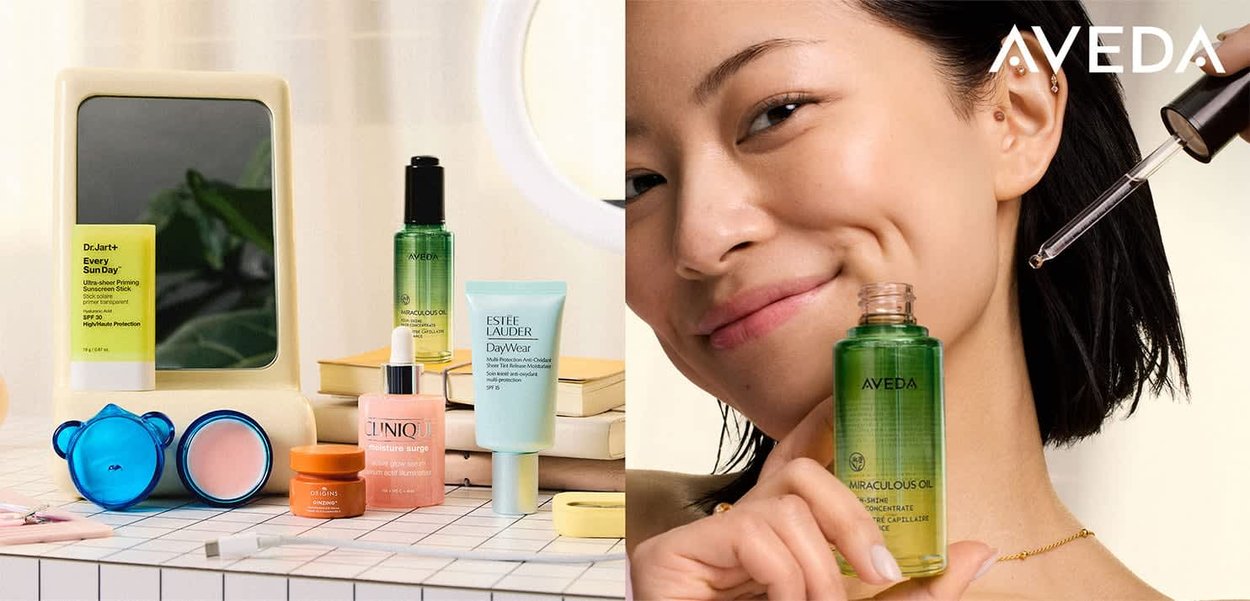 Produits de soin de la peau comprenant des sérums, des crèmes et un écran solaire sur un comptoir ; une femme souriante applique l'huile miraculeuse Aveda avec un compte-gouttes sur son visage.