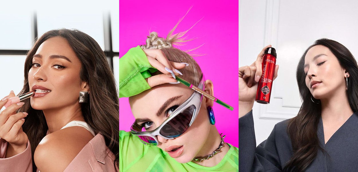 Tre kvinder viser skønhedsprodukter frem: en pink læbestift, en grøn øjenbrynspensel med solbriller og en rød sprayflaske mod livlige baggrunde.