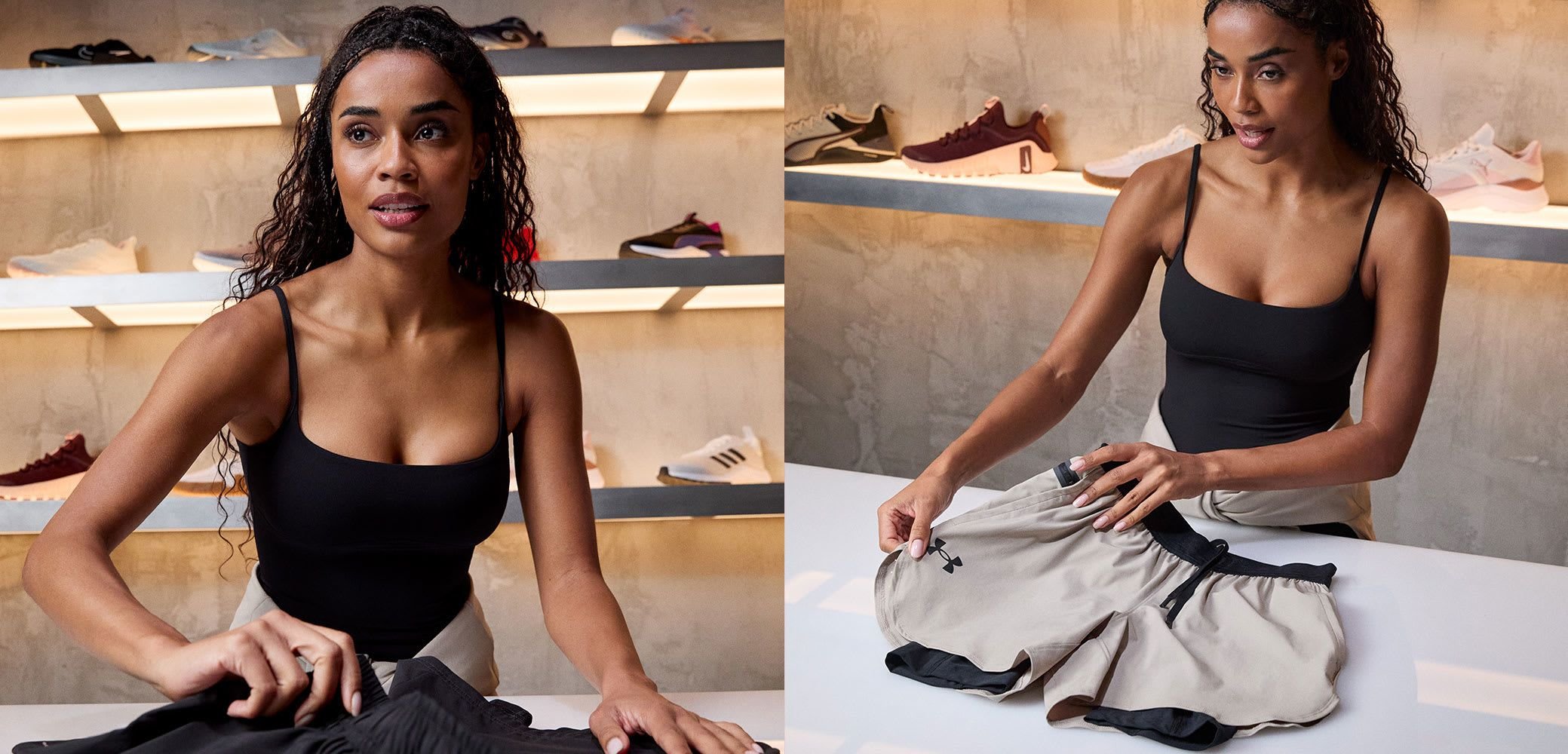 Schwarzes, figurbetontes Tanktop, beiges Sportshorts mit schwarzem Bund, glattes Material, dezente Designelemente, vor einem minimalistischen Hintergrund.