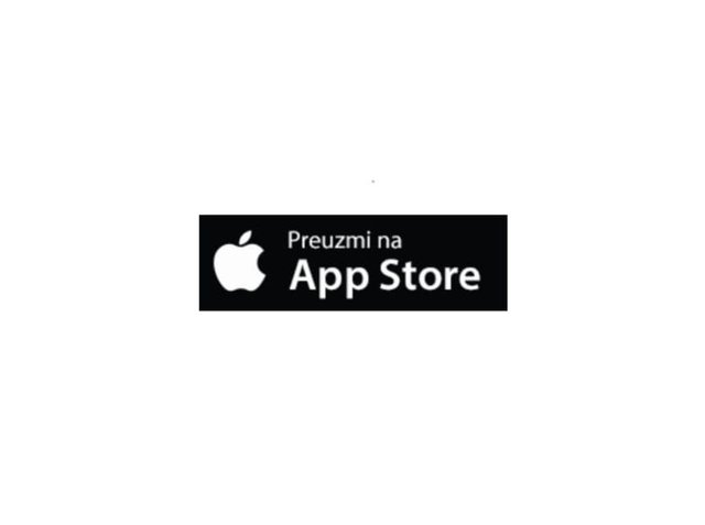 Crni pravokutni gumb s bijelim tekstom "Preuzmi na App Store" i Apple logotipom, što označava opciju preuzimanja aplikacije.
