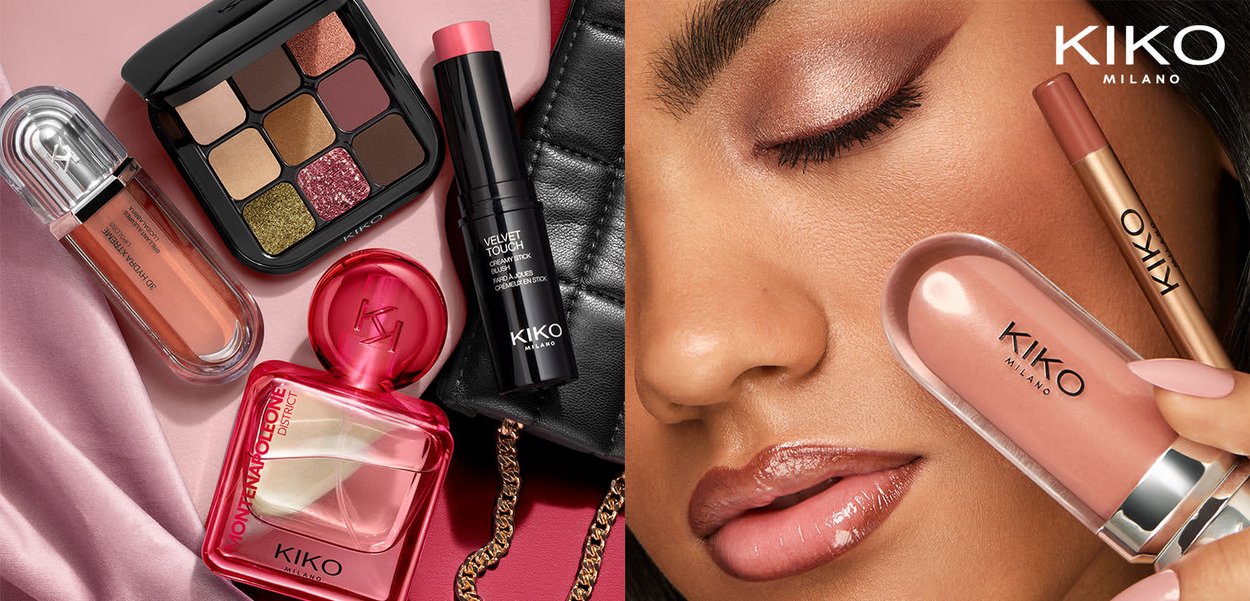 Nærbilde av en kvinnes ansikt med glitrende øyenskygge og blanke lepper, som holder KIKO Milano nude leppestift og leppeglans, ved siden av sminke og parfyme.